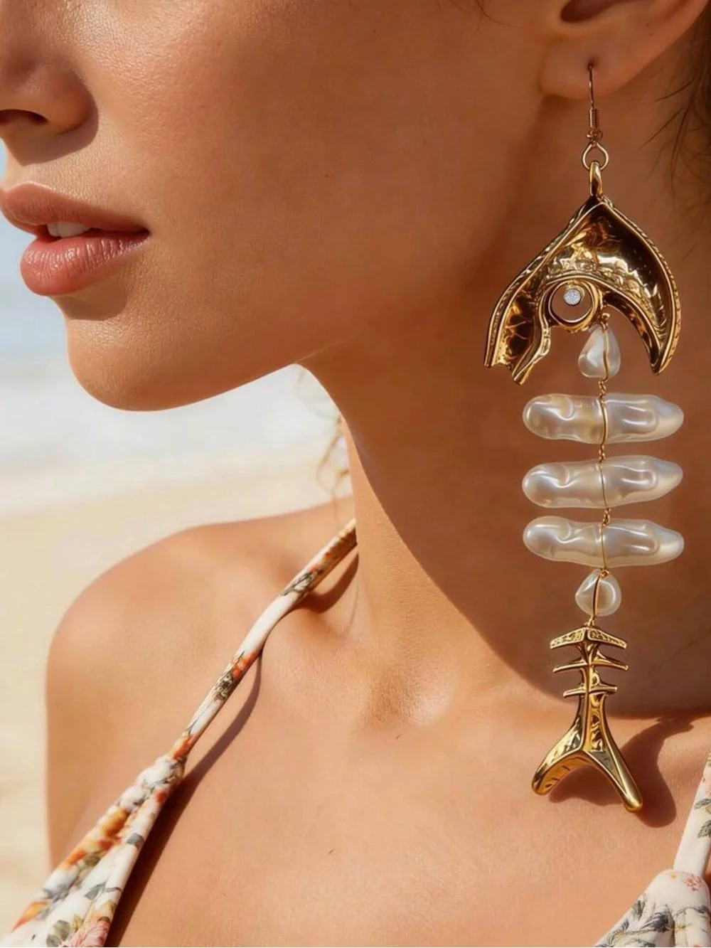 ✨ Gold Tone Fishbone Pearl Statement Dangle Earrings